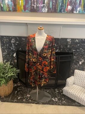 Nina Leonard Multicolor Floral Knit Cardigan